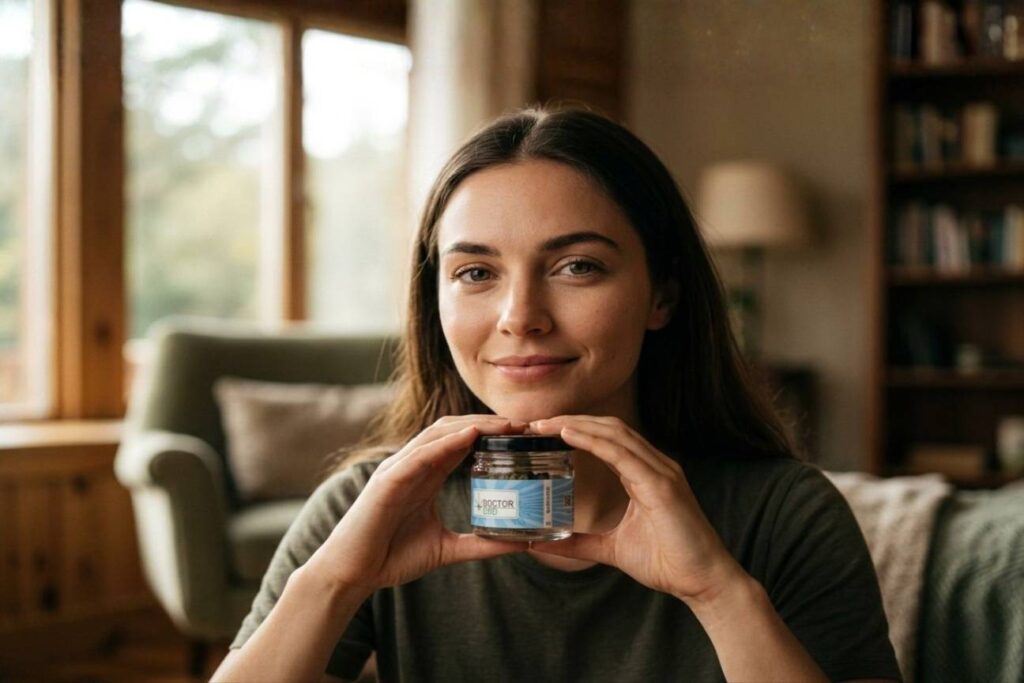 Mulher sorridente segurando pote de Blue Cheese CBD com as mãos em forma de coração, ilustrando relaxamento e bem-estar proporcionados pela flor de cânhamo Blue Cheese CBD rica em canabidiol