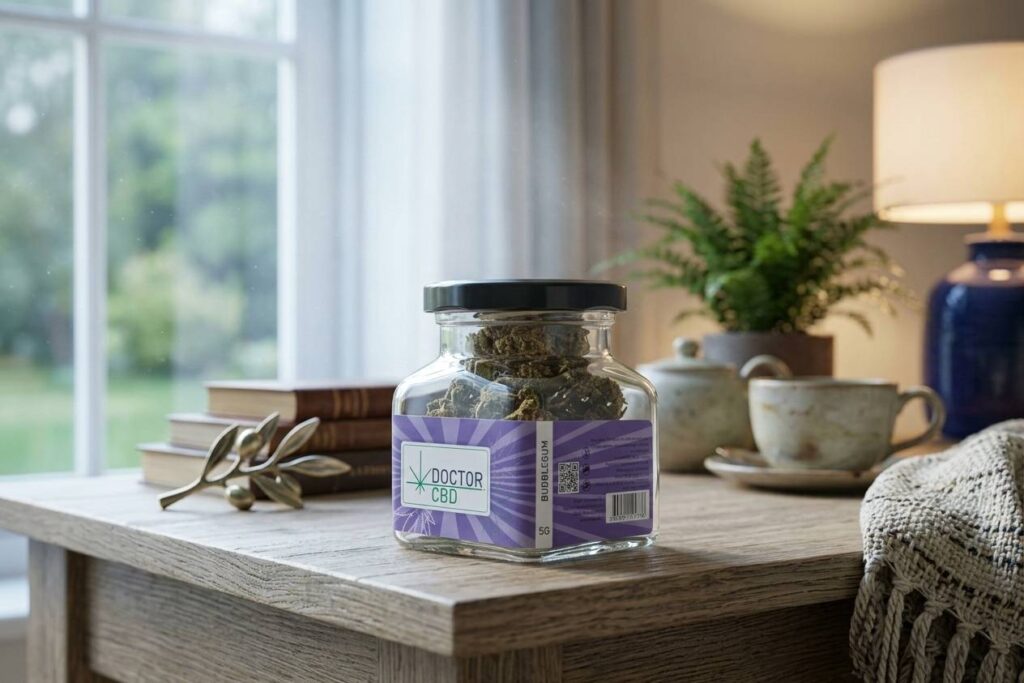 Bubblegum CBD Doctor CBD: Flor de CBD com Aroma Doce e Perfil Suave 3 Pote de Bubblegum CBD da Doctor CBD com flores de cânhamo visíveis, rótulo destacando Bubblegum CBD e QR code, sobre mesa com livros e plantas, mostrando a qualidade premium e aroma doce da strain Bubblegum CBD