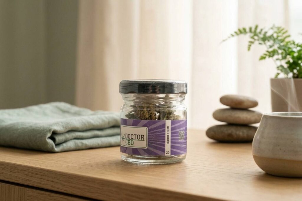 Bubblegum CBD Doctor CBD: Flor de CBD com Aroma Doce e Perfil Suave 1 Pote de 26g de Bubblegum CBD da Doctor CBD sobre mesa com pedras decorativas e planta, ilustrando a versão prática da strain Bubblegum CBD para relaxamento e bem-estar diário com aroma doce e efeito calmante