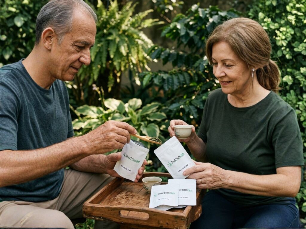 CBD Trim Mix: casal sénior a desfrutar flores e trim de CBD Doctor CBD ao ar livre em ambiente tranquilo