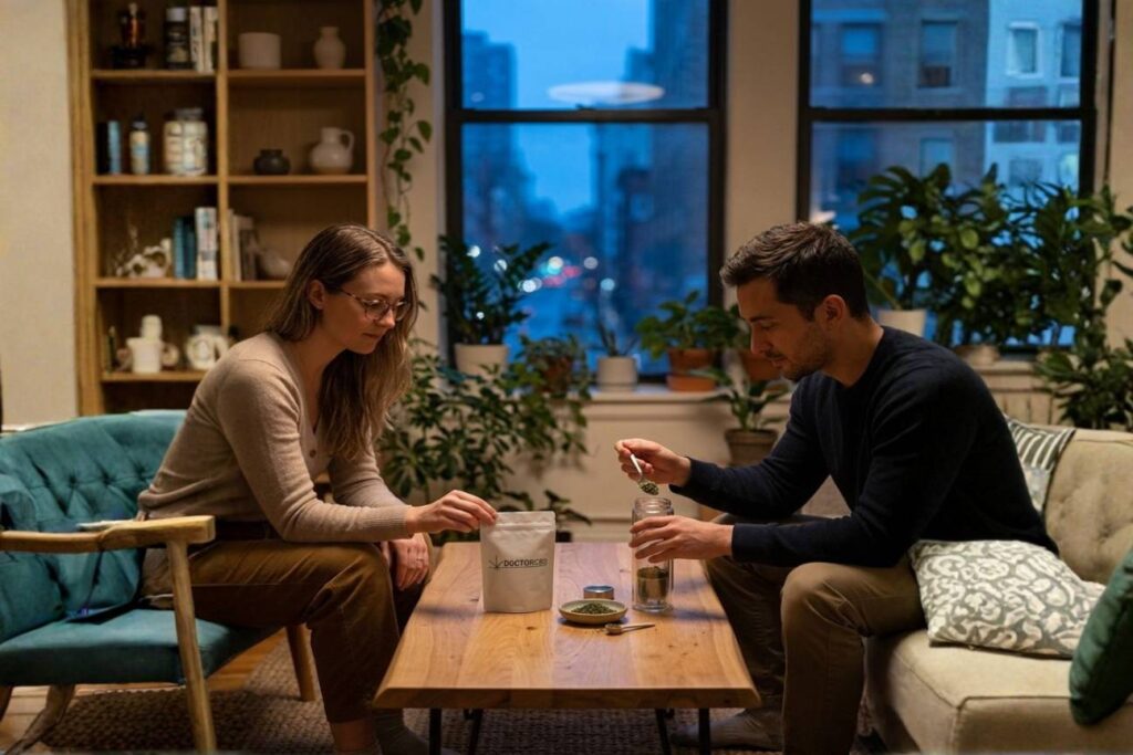 CBD Trim Mix: casal a preparar mistura de trim e folhas de CBD Doctor CBD em ambiente relaxante noturno