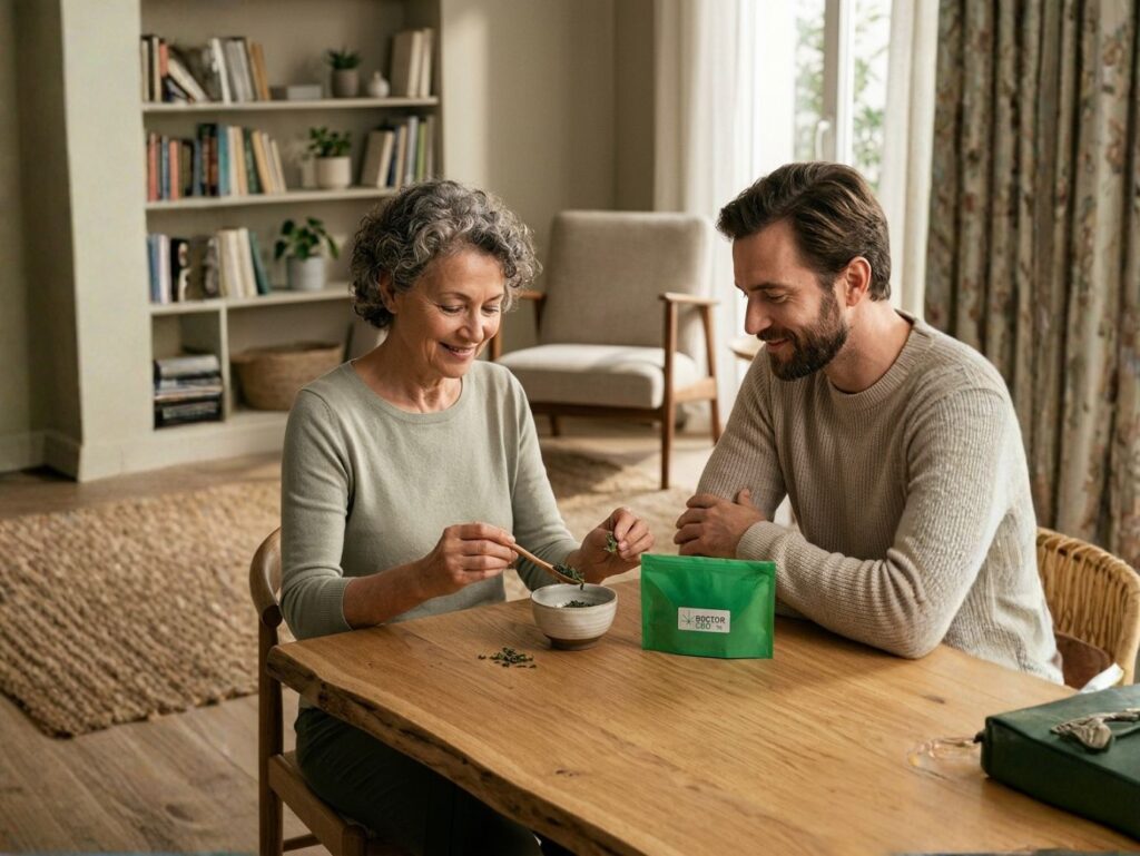 CBD Trim Mix: casal maduro a preparar e provar mistura de trim CBD Doctor CBD em ambiente caseiro sereno