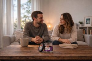 CBD para fibromialgia com frasco de flores Doctor CBD exposto numa mesa de sala enquanto um casal relaxa ao fundo num ambiente confortável e acolhedor.