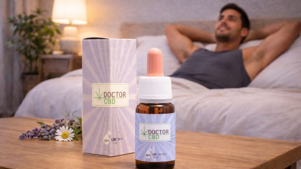 CBD para dor muscular – óleo CBD Doctor CBD em ambiente de descanso Óleo CBD Doctor CBD apresentado numa mesa num ambiente tranquilo de quarto com homem desportista a descansar, representando o uso de CBD para dor muscular