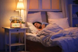 Mulher a dormir tranquilamente num quarto iluminado por uma luz suave com um frasco de CBD ao lado da cama, representando o uso do Melhor CBD para dormir e promover um sono relaxante.