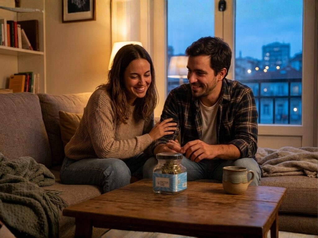 Casal sorridente no sofá à noite examinando pote de Blue Cheese CBD juntos, destacando o uso relaxante e social da flor de cânhamo Blue Cheese CBD para momentos de bem-estar em casal