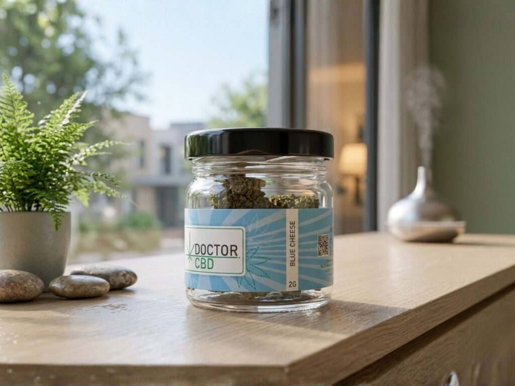Pote de Blue Cheese CBD da Doctor CBD com flores de cânhamo secas visíveis, rótulo detalhado incluindo Blue Cheese e QR code, sobre mesa com pedras e plantas, destacando a qualidade premium da strain Blue Cheese CBD