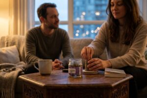 Casal no sofá à noite com mulher abrindo pote de Bubblegum CBD, ilustrando o uso relaxante e intimista da strain Bubblegum CBD para descontração noturna e bem-estar compartilhado