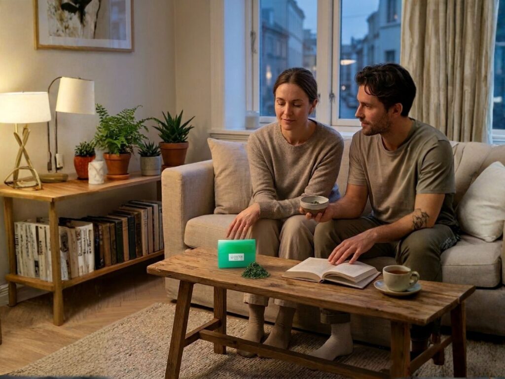 CBD Trim Mix: casal a apreciar pacote premium de trim CBD Doctor CBD em sala acolhedora