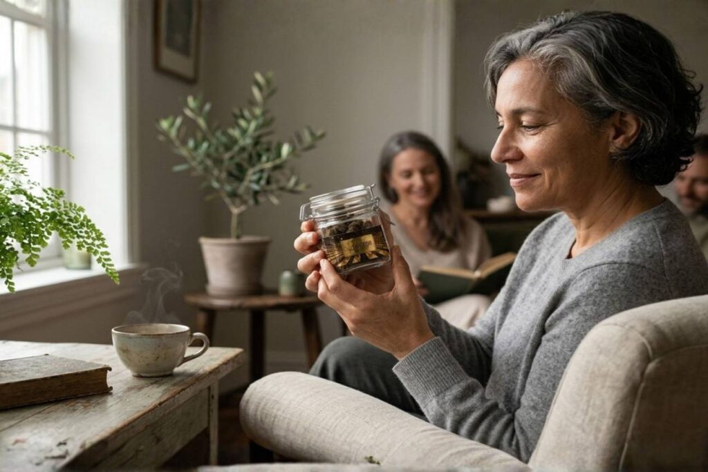 Reserva CBD: senhora a apreciar flores de CBD Doctor CBD em ambiente familiar relaxante