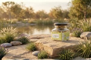 Gorilla Glue CBD: frasco premium de flores de CBD Doctor CBD em cenário natural relaxante