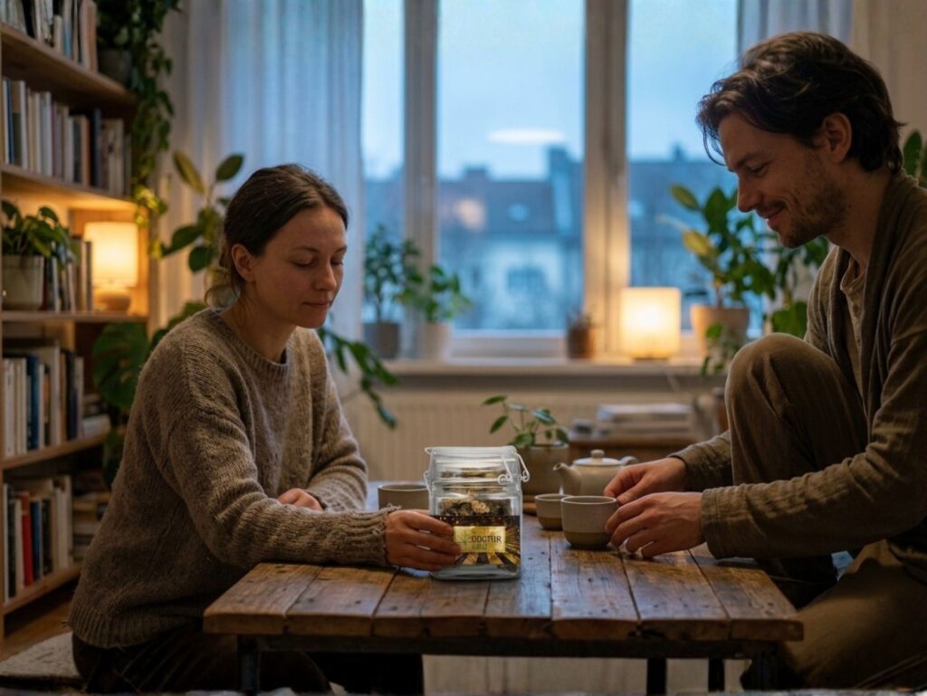 Reserva CBD: casal a desfrutar flores de CBD Doctor CBD num momento íntimo e relaxado