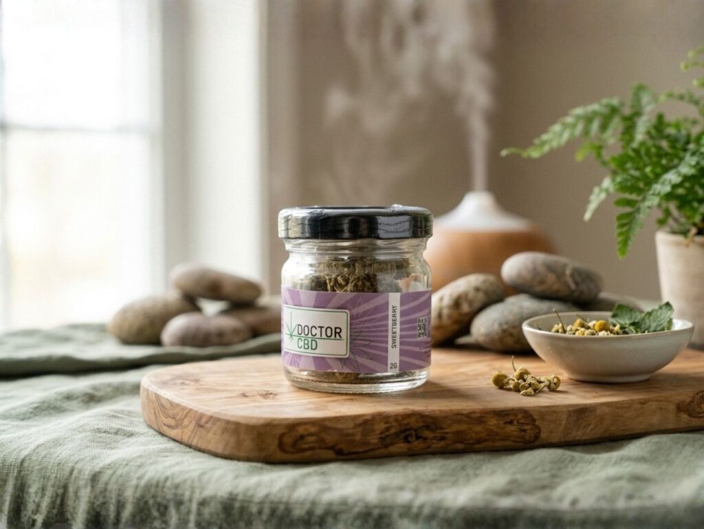 Pote de Sweet Berry CBD da Doctor CBD com flores de cânhamo visíveis, rótulo destacando Sweet Berry CBD e QR code, sobre mesa com pedras, chá e plantas, ilustrando a qualidade premium e aroma doce de berries da strain Sweet Berry CBD