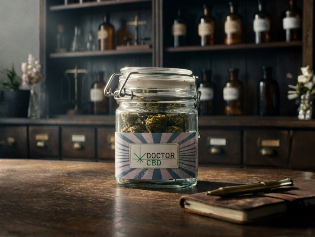 Fruit Cake Doctor CBD em frasco de vidro com fundo de laboratório artesanal