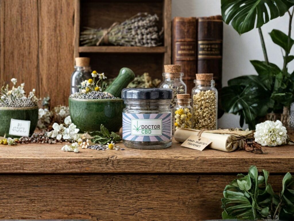 Fruit Cake Doctor CBD rodeado por elementos botânicos e ervas naturais