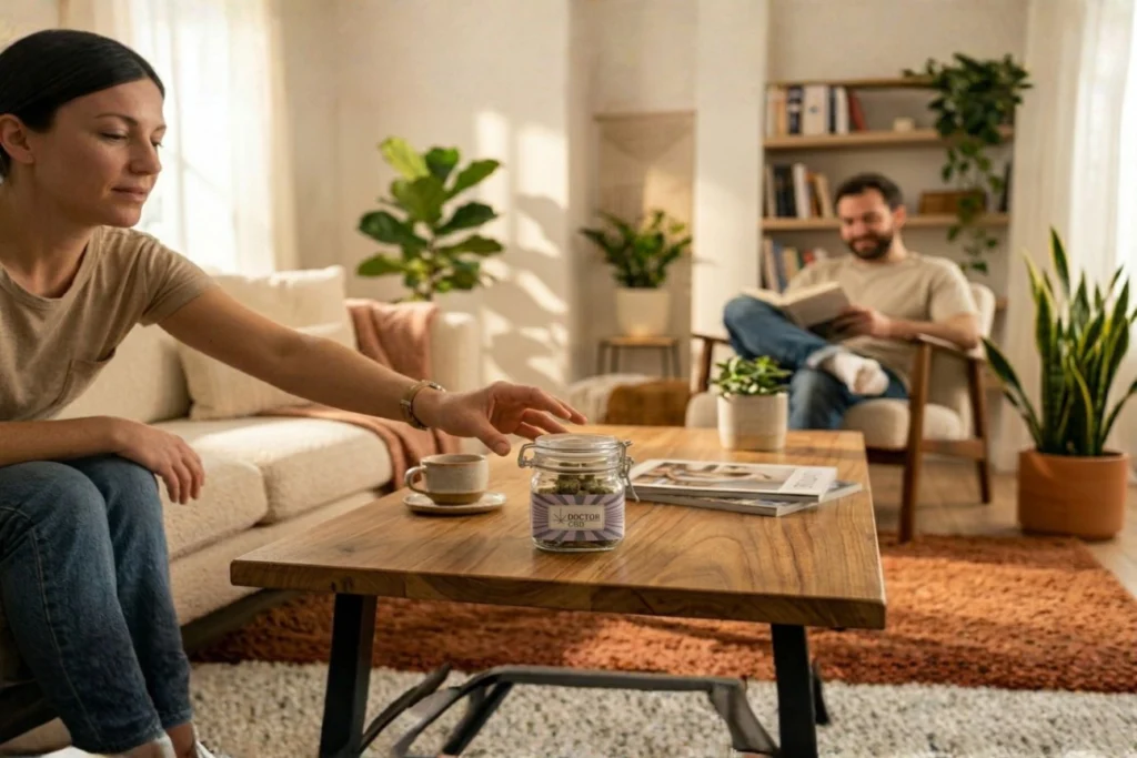 Fruit Cake Doctor CBD em frasco de vidro sobre mesa de sala de estar moderna