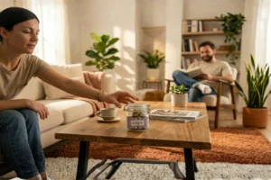 Fruit Cake Doctor CBD em frasco de vidro sobre mesa de sala de estar moderna