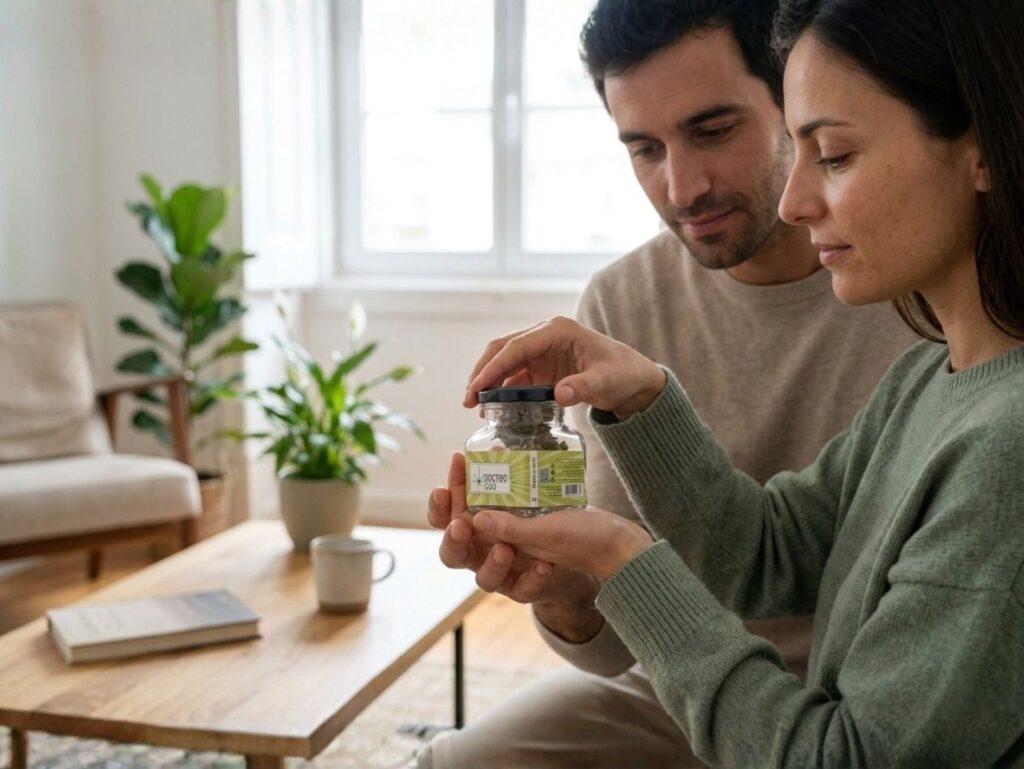 Gorilla Glue CBD: casal a apreciar o frasco de flores CBD Doctor CBD para bem-estar partilhado