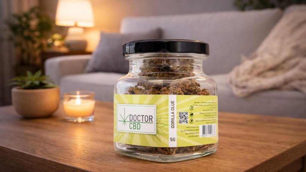 CBD para dor muscular – flores Gorilla Glue Doctor CBD Frasco de flores Gorilla Glue Doctor CBD apresentado numa sala tranquila como opção de CBD para dor muscular e relaxamento do corpo