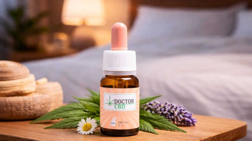 Óleo CBD para dormir Doctor CBD em ambiente relaxante Frasco de óleo CBD Doctor CBD utilizado como CBD para dor muscular num ambiente relaxante para apoiar o bem-estar e o relaxamento do corpo