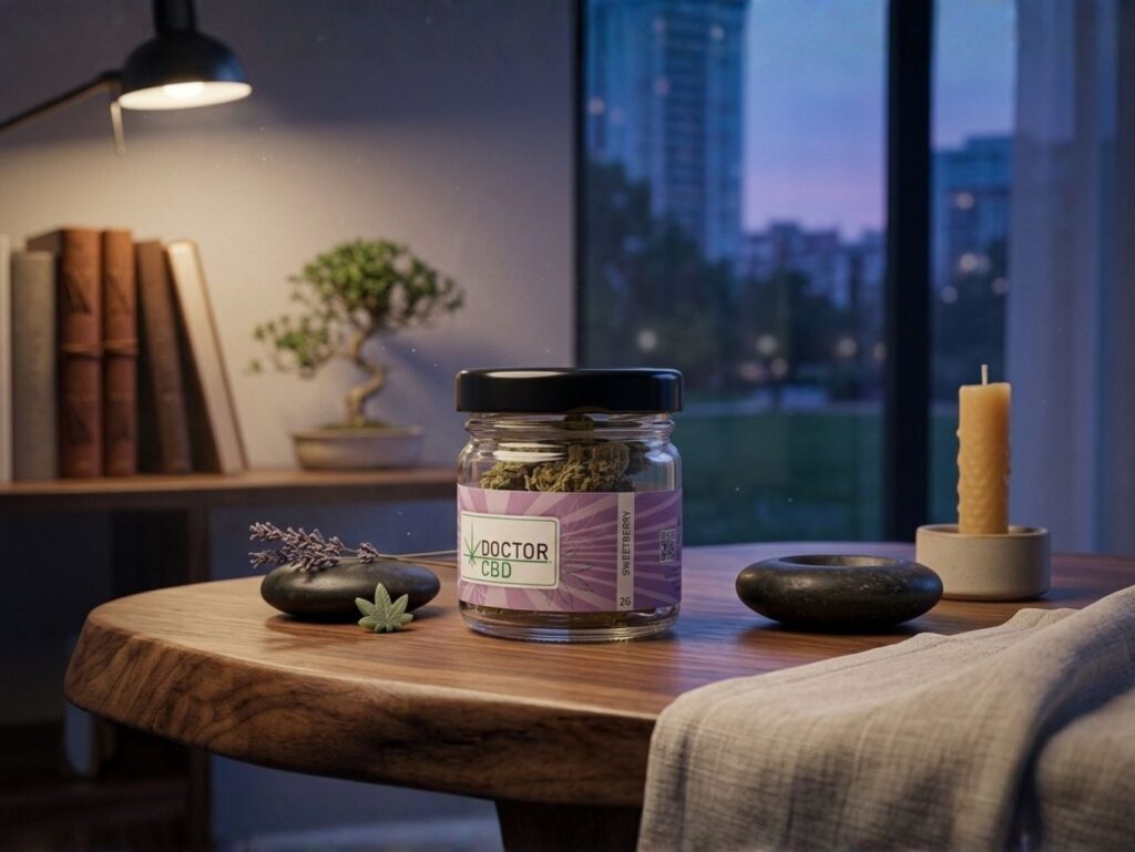 Pote de Sweet Berry CBD da Doctor CBD sobre mesa com vela e livros à noite, destacando as flores de cânhamo Sweet Berry CBD com aroma doce de berries para relaxamento e tranquilidade noturna