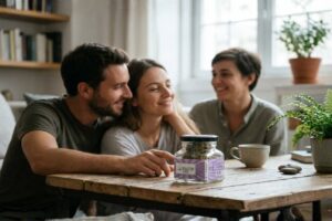 Casal e amigo sorridentes no sofá examinando pote de Sweet Berry CBD juntos, ilustrando o uso relaxante e social da strain Sweet Berry CBD rica em canabidiol para momentos de bem-estar e descontração