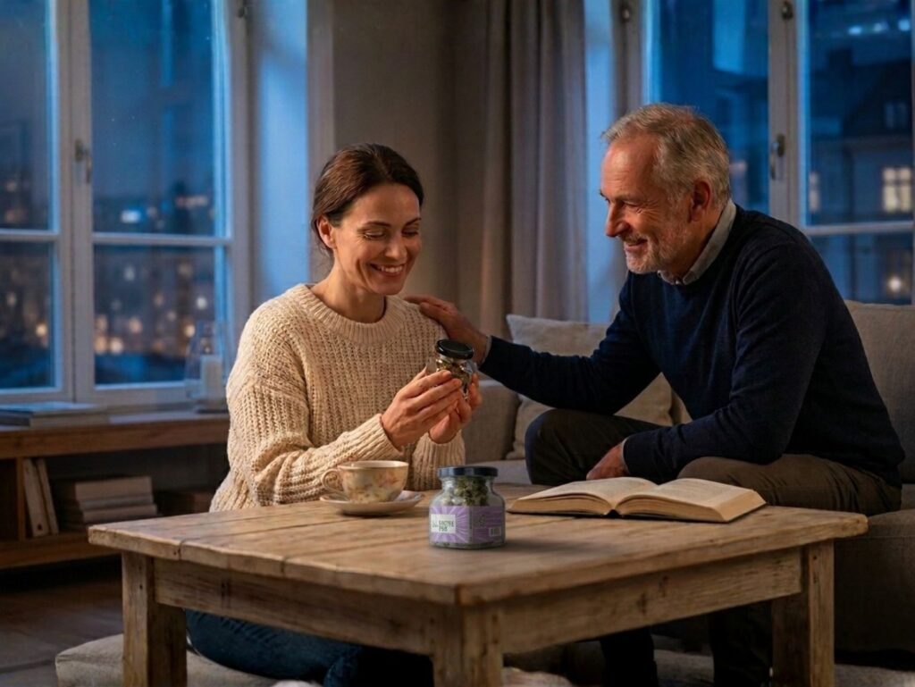 Mulher sorridente oferecendo pote de Sweet Berry CBD para homem mais velho no sofá à noite, ilustrando o uso calmante e familiar da strain Sweet Berry CBD para bem-estar noturno e relaxamento compartilhado
