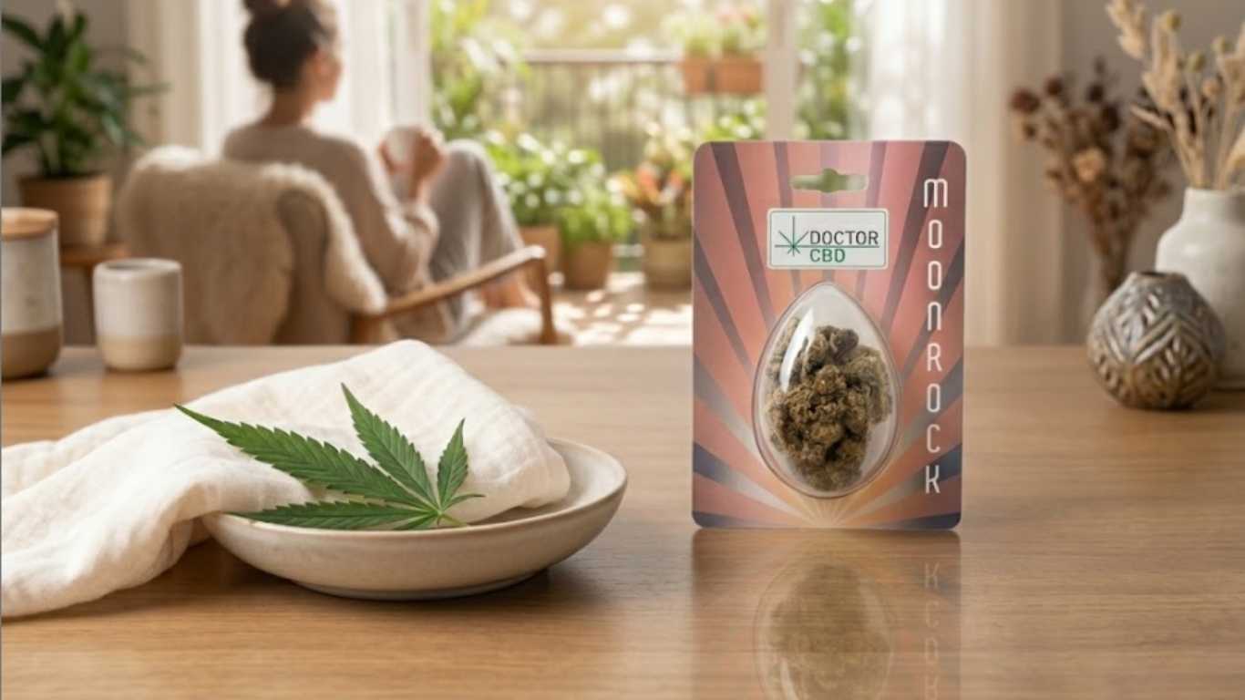 CBD para dor lombar com flores Moonrock Doctor CBD apresentadas numa mesa num ambiente calmo de casa enquanto uma pessoa relaxa ao fundo