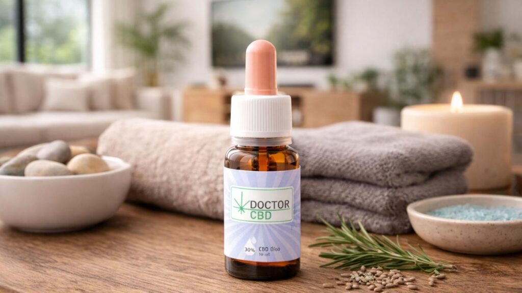 CBD para fibromialgia com frasco de óleo Doctor CBD exposto numa mesa de madeira dentro de uma casa com toalhas, vela e ambiente calmo de relaxamento.