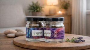 CBD para dor muscular com flores Doctor CBD em frascos de vidro apresentados numa mesa de madeira num ambiente calmo e relaxante
