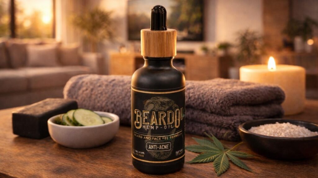CBD para fibromialgia com frasco de óleo de cânhamo para barba Beardo Hemp Oil exposto numa mesa de madeira dentro de uma casa com toalhas e vela num ambiente calmo de relaxamento.