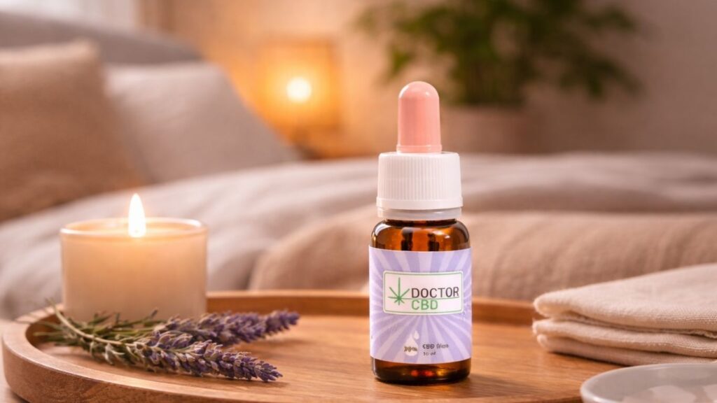 Frasco de óleo Doctor CBD exposto num ambiente relaxante de quarto com vela e lavanda, representando o melhor CBD para dormir e promover um sono tranquilo.