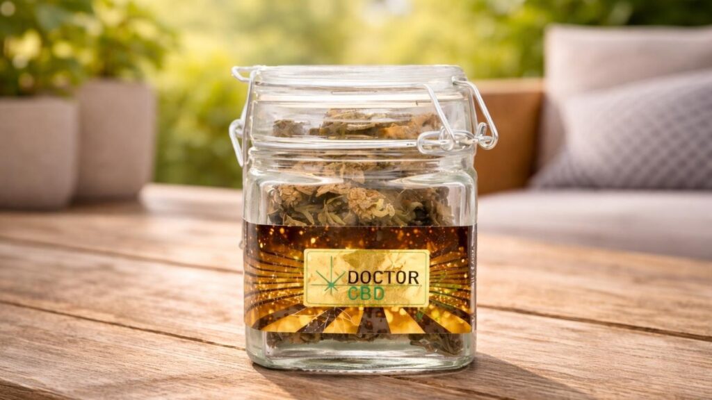 Frasco de flores Doctor CBD exposto numa mesa de madeira num ambiente natural e tranquilo, ilustrando o melhor CBD para dormir e promover relaxamento antes do sono.