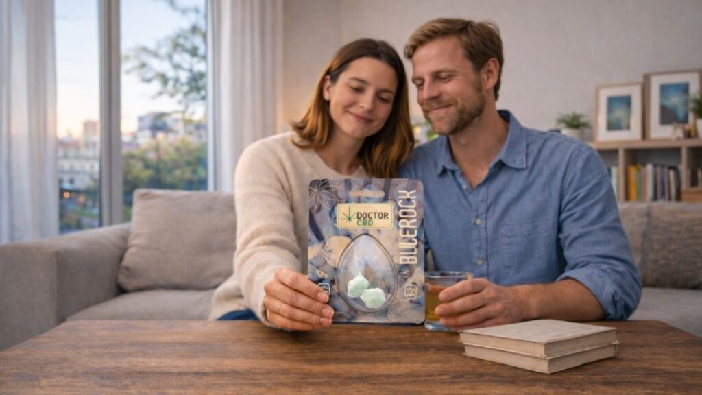 Casal relaxado numa sala iluminada ao entardecer enquanto observa um produto Doctor CBD, representando o uso do Melhor CBD para dormir num ambiente tranquilo e confortável.