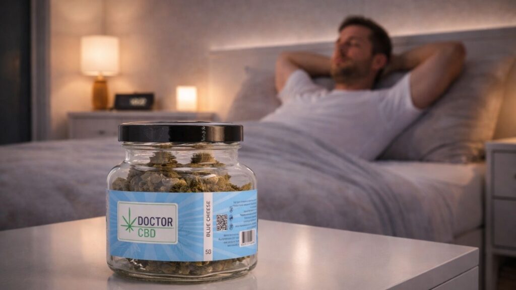 Produto CBD para dores crónicas em frasco Doctor CBD num quarto calmo com ambiente relaxante, ideal para aliviar desconforto e promover bem-estar