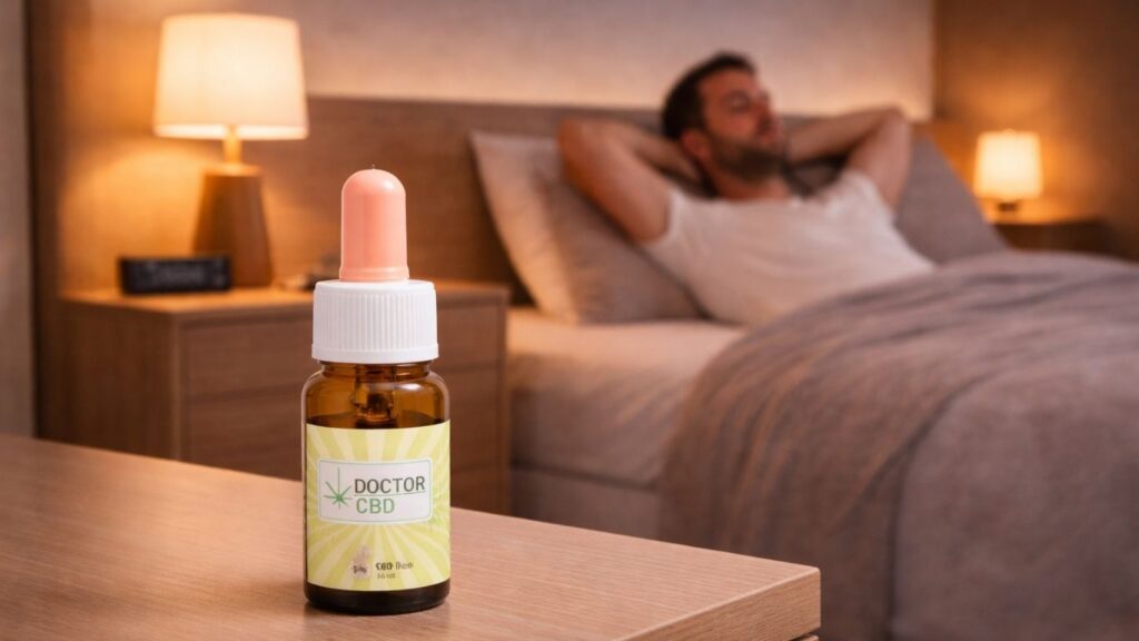 Óleo CBD para dores crónicas Doctor CBD sobre mesa de cabeceira num quarto acolhedor, com ambiente tranquilo ideal para relaxamento e alívio do desconforto