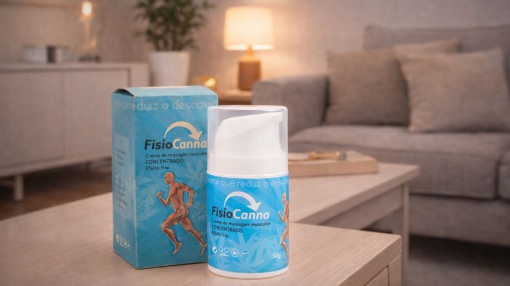 Creme CBD para dores crónicas FisioCanna sobre mesa de sala com ambiente confortável, ideal para aliviar tensão muscular e promover bem-estar