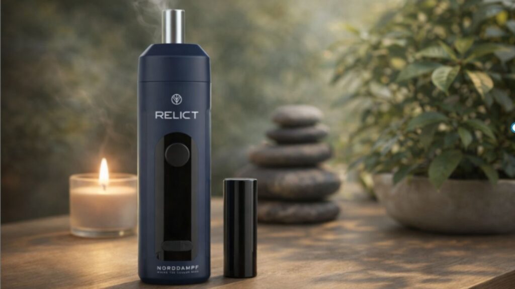 Vaporizador CBD Relict colocado numa mesa de madeira com vela acesa e pedras zen num ambiente natural e tranquilo com vapor visível