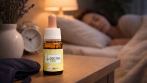 CBD para dormir melhor com óleo Doctor CBD colocado numa mesa de cabeceira enquanto uma pessoa dorme num quarto tranquilo com luz suave e ambiente relaxante