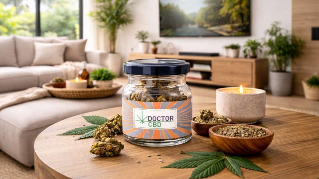 CBD para fibromialgia com frasco de flores Doctor CBD colocado numa mesa de sala moderna com sofá e televisão ao fundo num ambiente confortável e relaxante