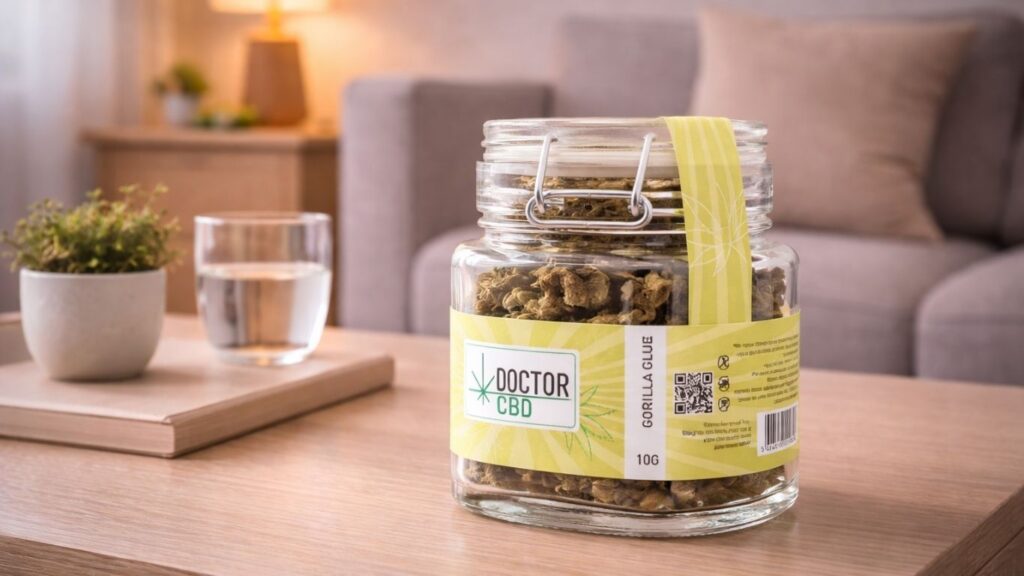 Flores CBD para enxaqueca Doctor CBD Gorilla Glue em frasco sobre mesa de sala com ambiente calmo e relaxante