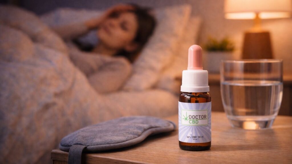Óleo CBD para enxaqueca Doctor CBD sobre mesa de cabeceira com máscara de descanso e ambiente tranquilo de quarto