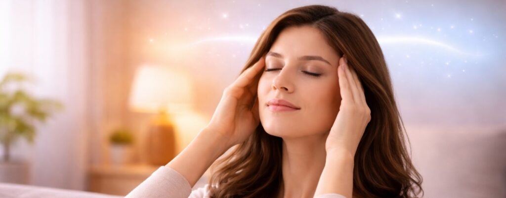 Mulher a massajar as têmporas com expressão relaxada representando o uso de CBD para enxaqueca e bem-estar