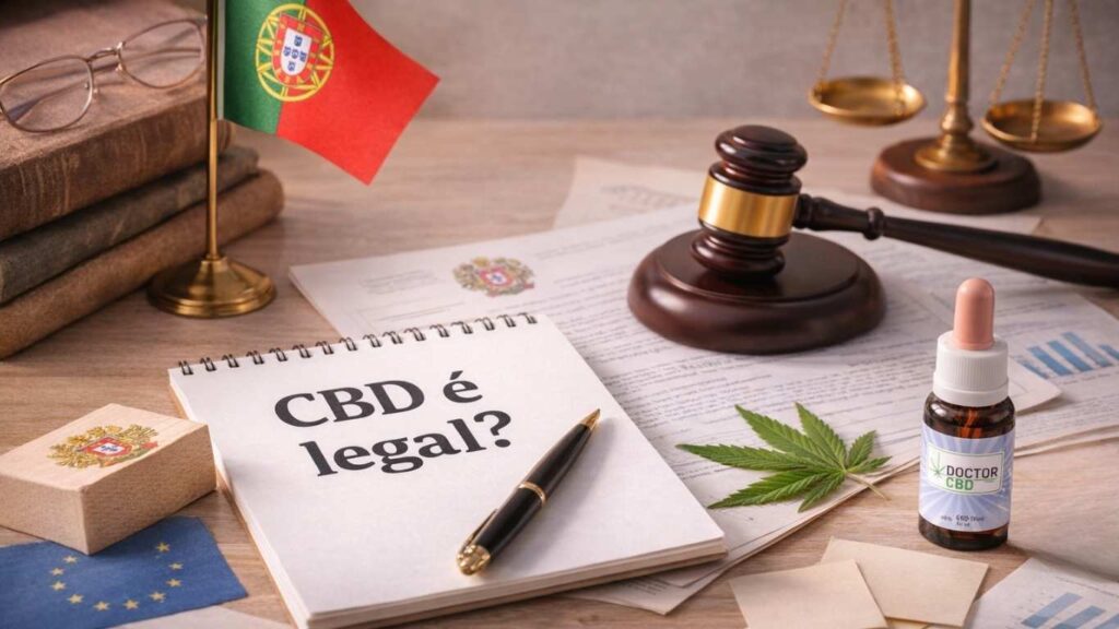 CBD é legal? Tudo o que precisa de saber em Portugal 1 CBD é legal em Portugal representado por documentos, balança da justiça e óleo CBD sobre mesa de trabalho