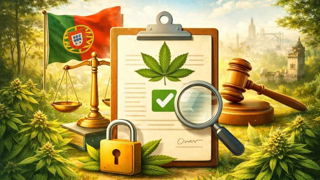 CBD é legal? Tudo o que precisa de saber em Portugal 2 CBD é legal em Portugal ilustrado com símbolos de justiça, legislação e folha de cânhamo num ambiente natural