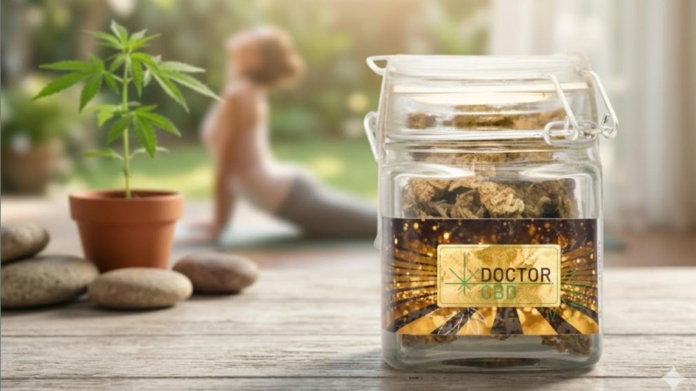CBD para dor lombar com flores Doctor CBD num frasco de vidro numa mesa com planta de cannabis enquanto uma pessoa faz alongamentos ao fundo
