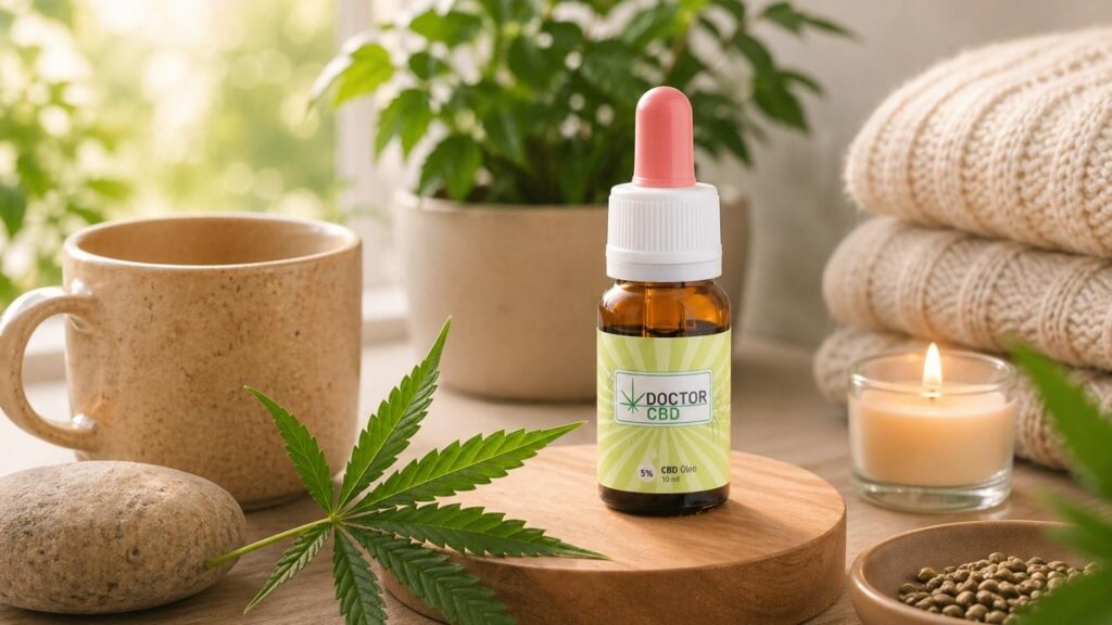 melhor óleo CBD Portugal apresentado em ambiente natural com elementos de relaxamento e bem-estar