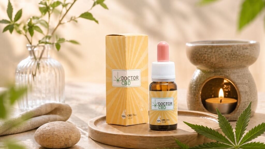 melhor óleo CBD Portugal apresentado com embalagem em ambiente relaxante e natural com luz suave