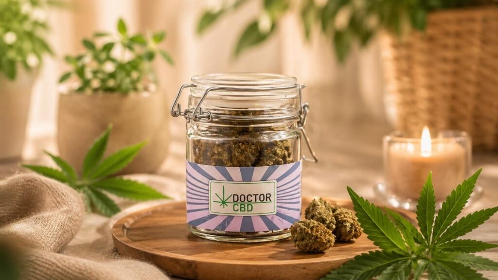 melhor marca CBD Portugal representada com flores de cânhamo em frasco num ambiente natural e relaxante