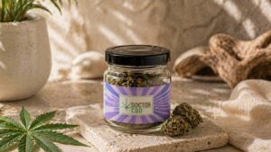melhor marca CBD Portugal representada com flores de cânhamo em frasco num cenário natural com pedra e elementos orgânicos